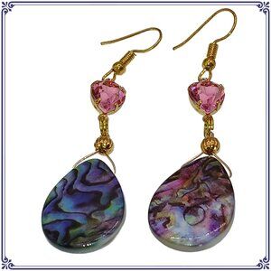 Pink Swarovski Charms and Abalone Teardrop Handcrafted Earrings